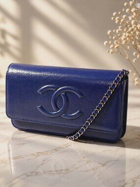 Authentic Chanel CC Caviar Wallet On Chain WOC Blue Leather Bag